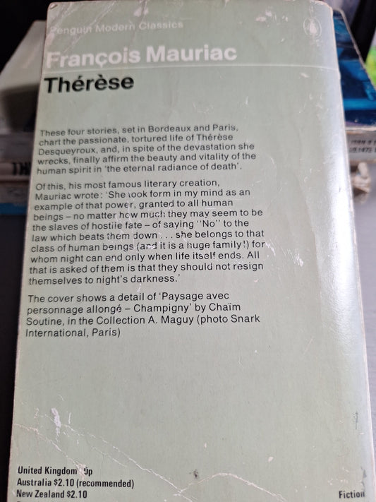 Back cover of 1975 Penguin books edition of Therese by Francois Mauriac with literary synopsis