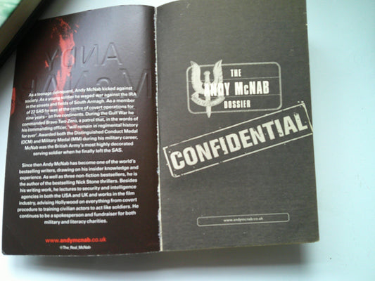 Inside cover of Andy McNab The Fortress book with a description of the author and his SAS background