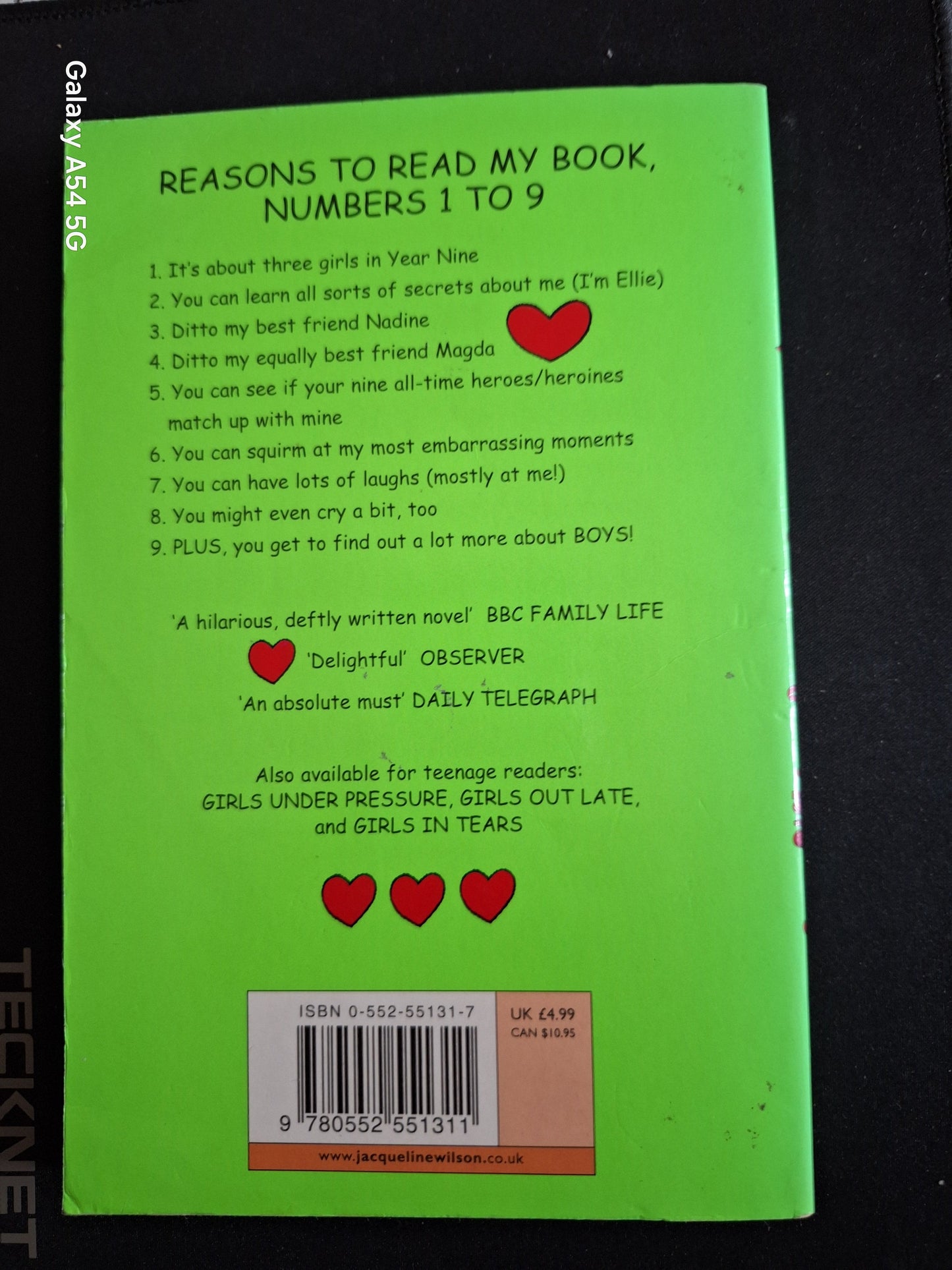 Back cover of a second hand Girls in Love book by Slightly Read Books with green background and text listing reasons to read