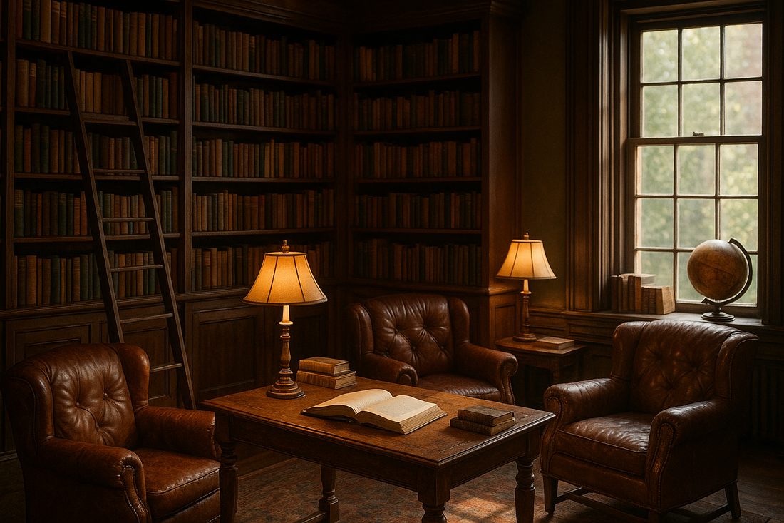 Cozy reading nook with leather chairs and bookshelves, showing how to build a personal library on a budget