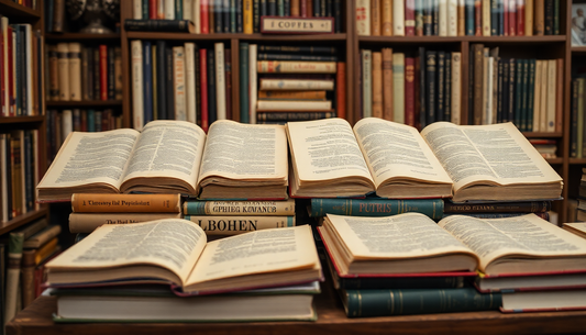 Open used books on a wooden table in a library showcasing the benefits of buying used books