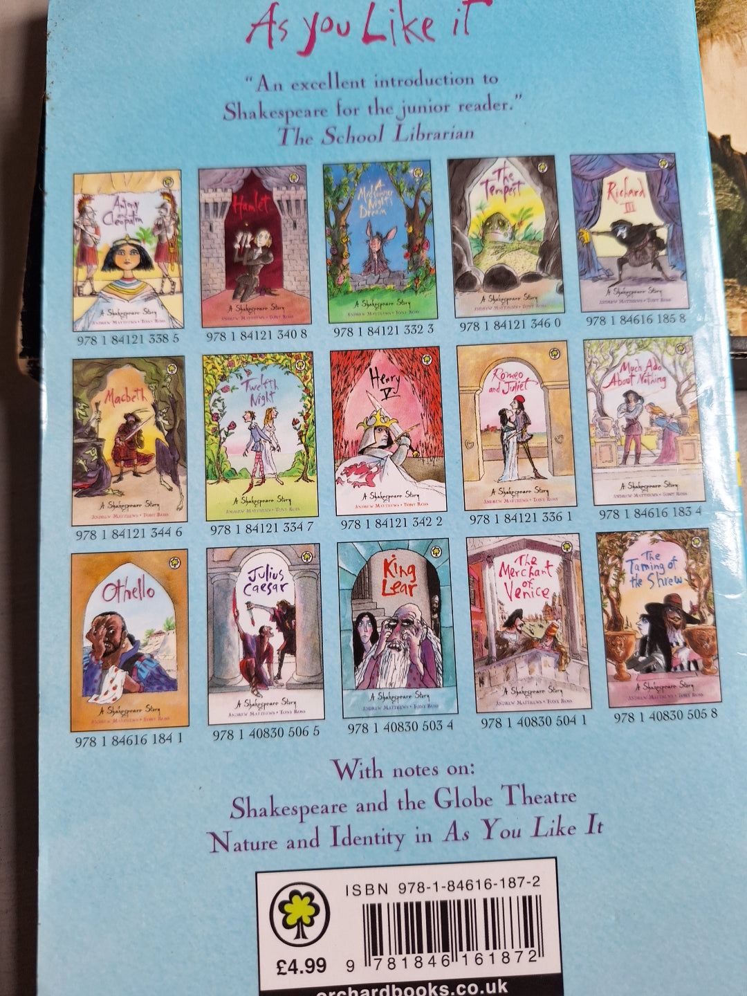 Back cover of Slightly Read Books collection featuring Shakespeare plays.inc as you like it
