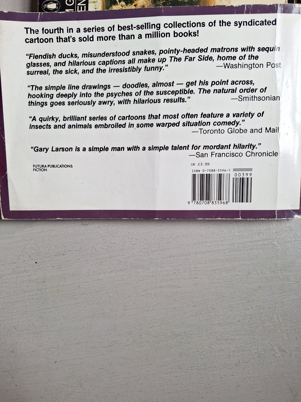 Back cover of a book by Slightly Read Books featuring reviews for Bride of the Far Side cartoon collection
