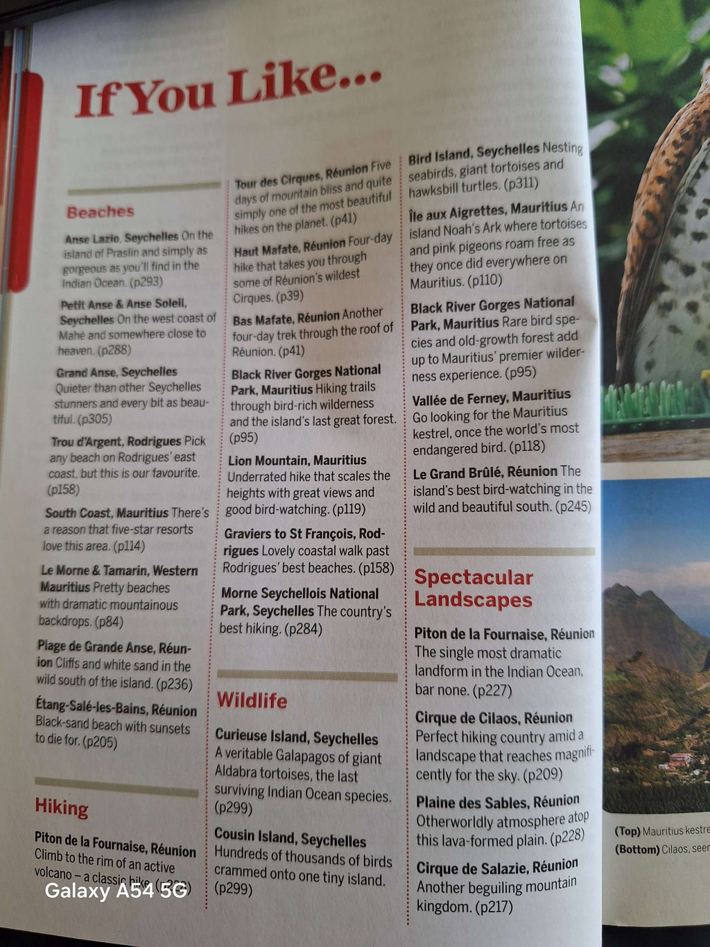 Page from a cheap guidebook for Mauritius and Seychelles featuring various attractions and activities