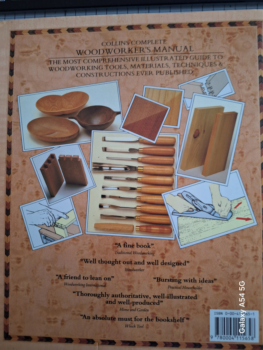 Collins complete woodworker's manual book cover featuring woodworking tools, wooden items, and instructional illustrations