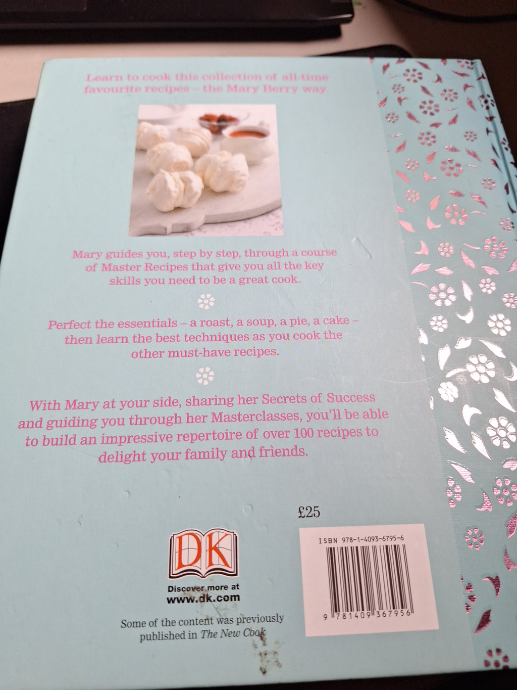 Back cover of used Mary Berry's Cookery Course hardcover pale blue with silver floral pattern, barcode