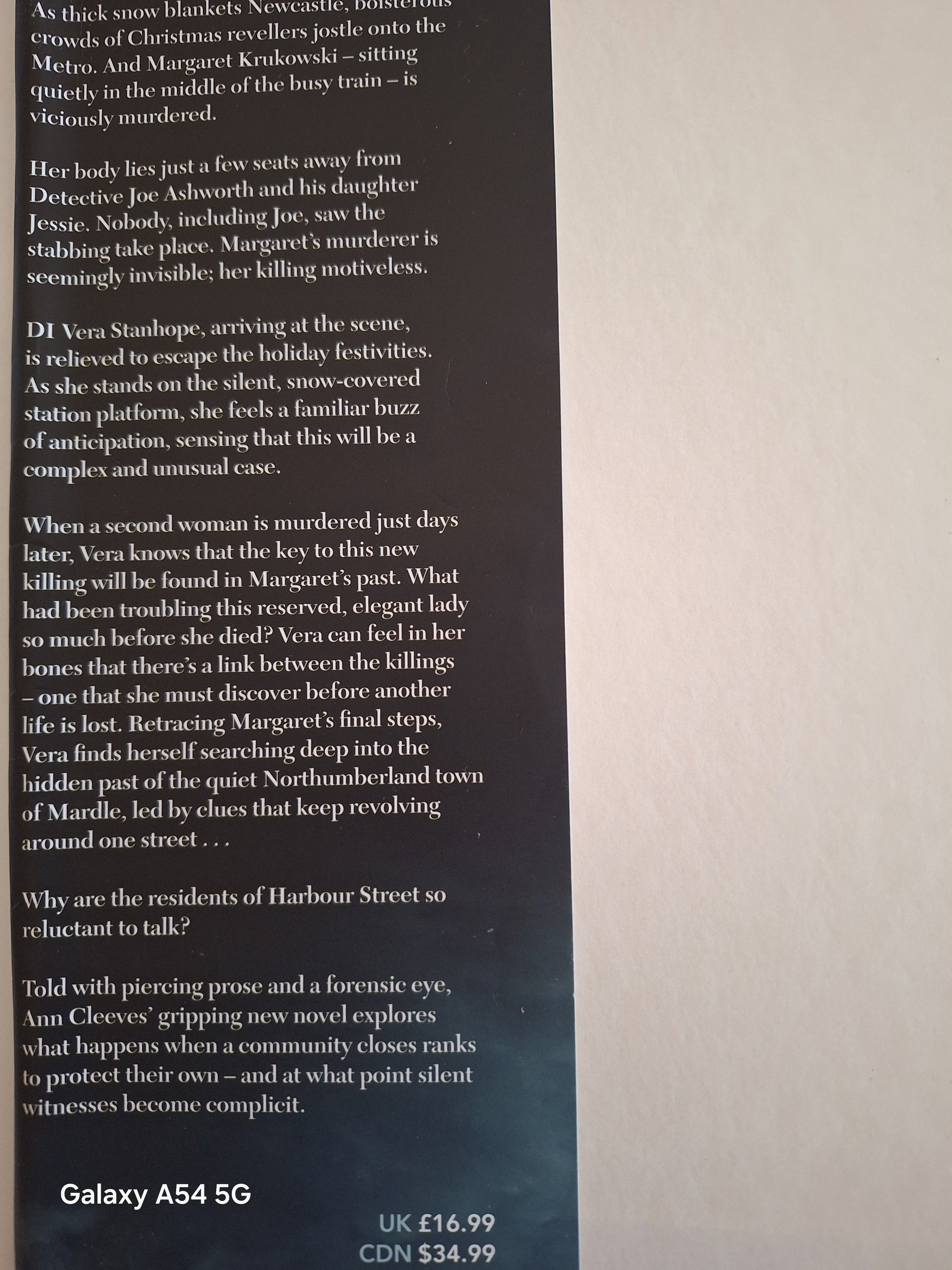 Back cover of the Harbour Street Ann Cleeves book featuring the synopsis and author details