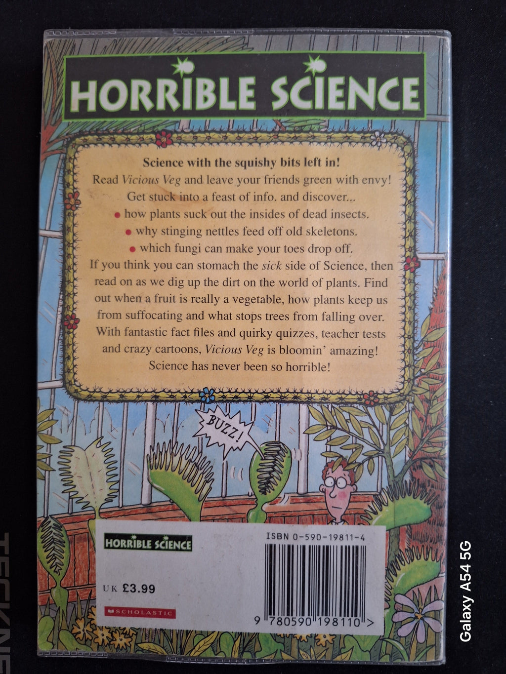 Back cover of Horrible Science Vicious Veg book with plant and insect illustrations and science facts