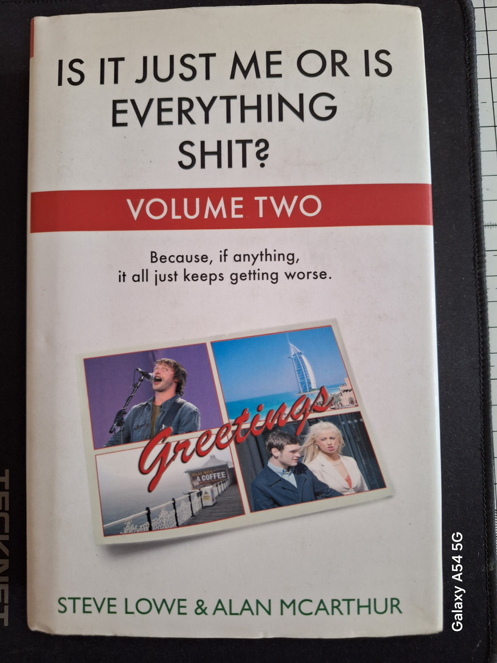 Book titled Is it just me or is everything shit Volume Two by Steve Lowe and Alan McArthur with postcard images on cover