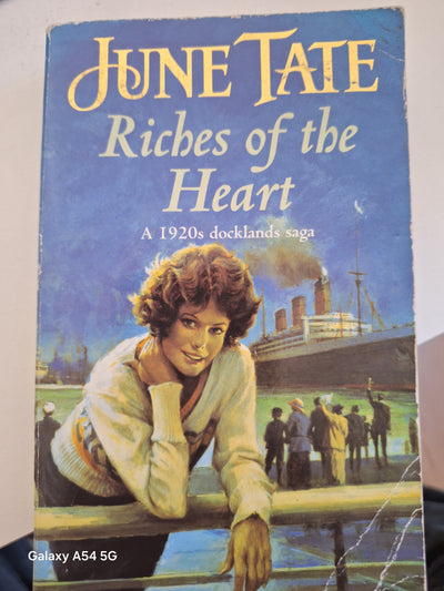 June Tate Riches of the Heart book cover featuring a woman by a dock with a steamboat background