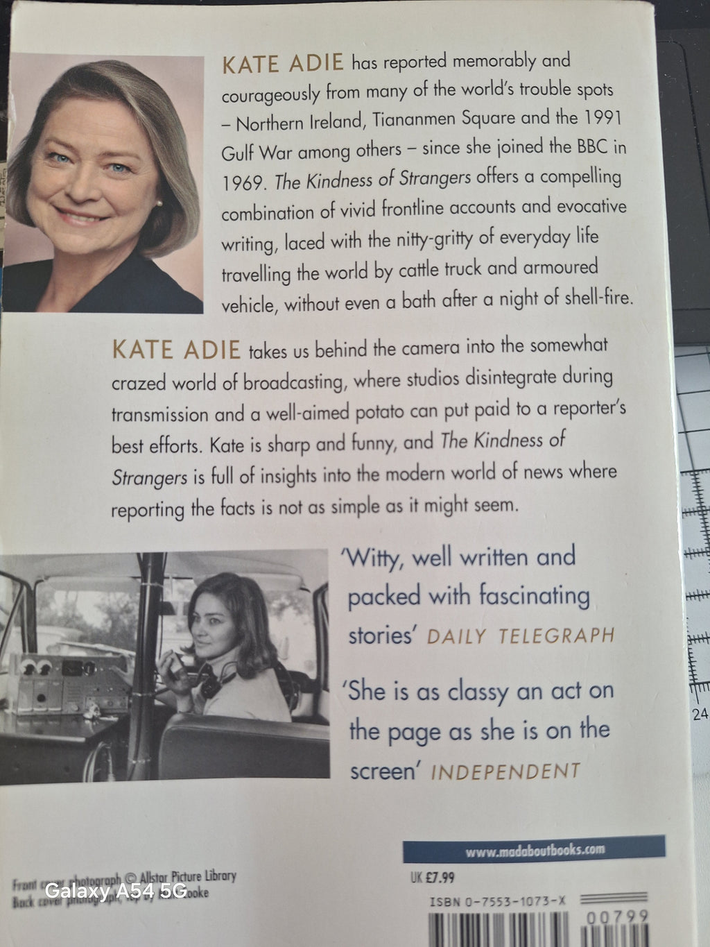 Back cover of Kate Adie autobiography featuring a summary and quotes about her broadcasting career