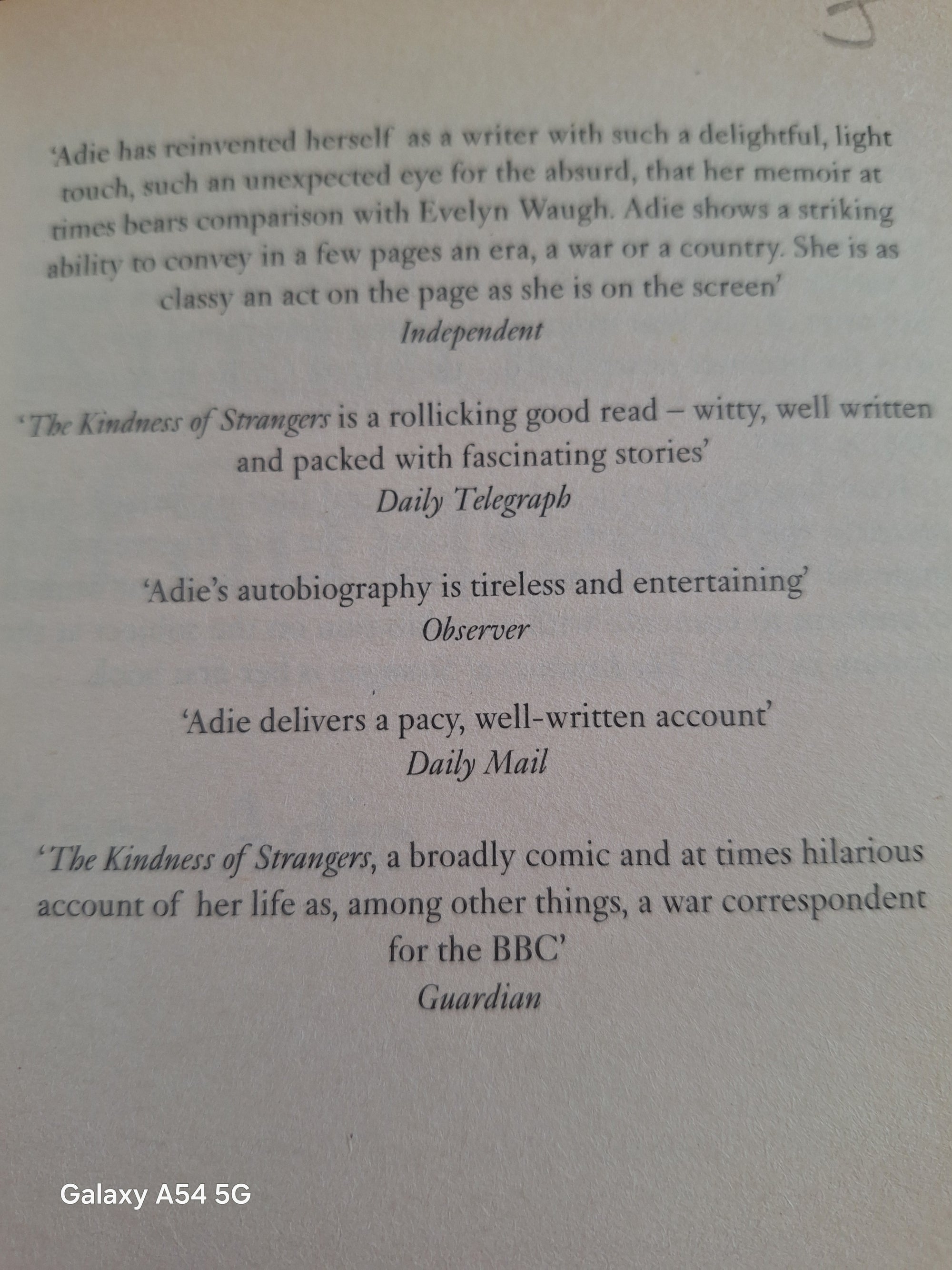 Kate Adie autobiography featuring reviews highlighting its engaging writing and captivating stories