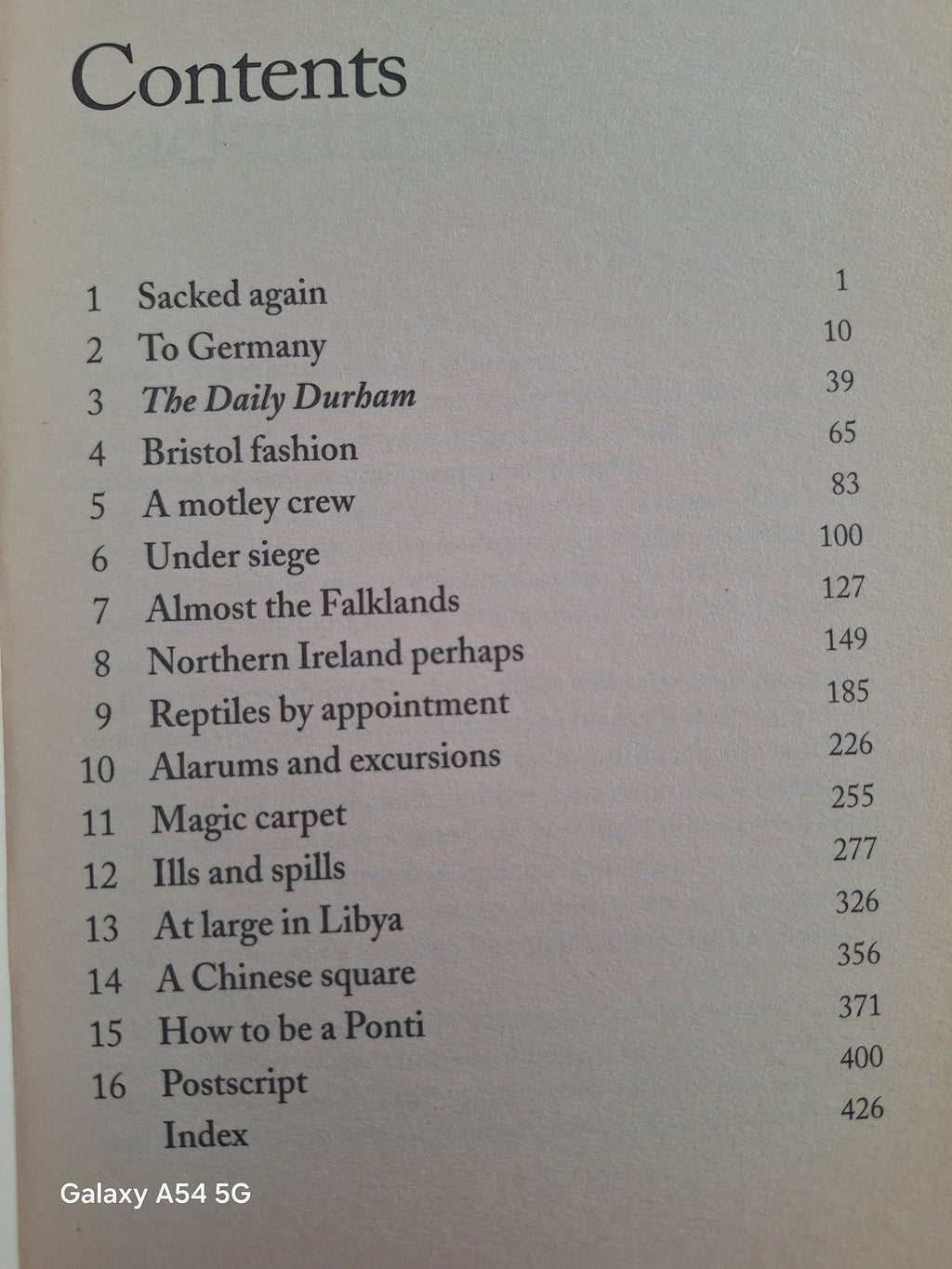 Contents page of Kate Adie autobiography featuring chapter titles and page numbers