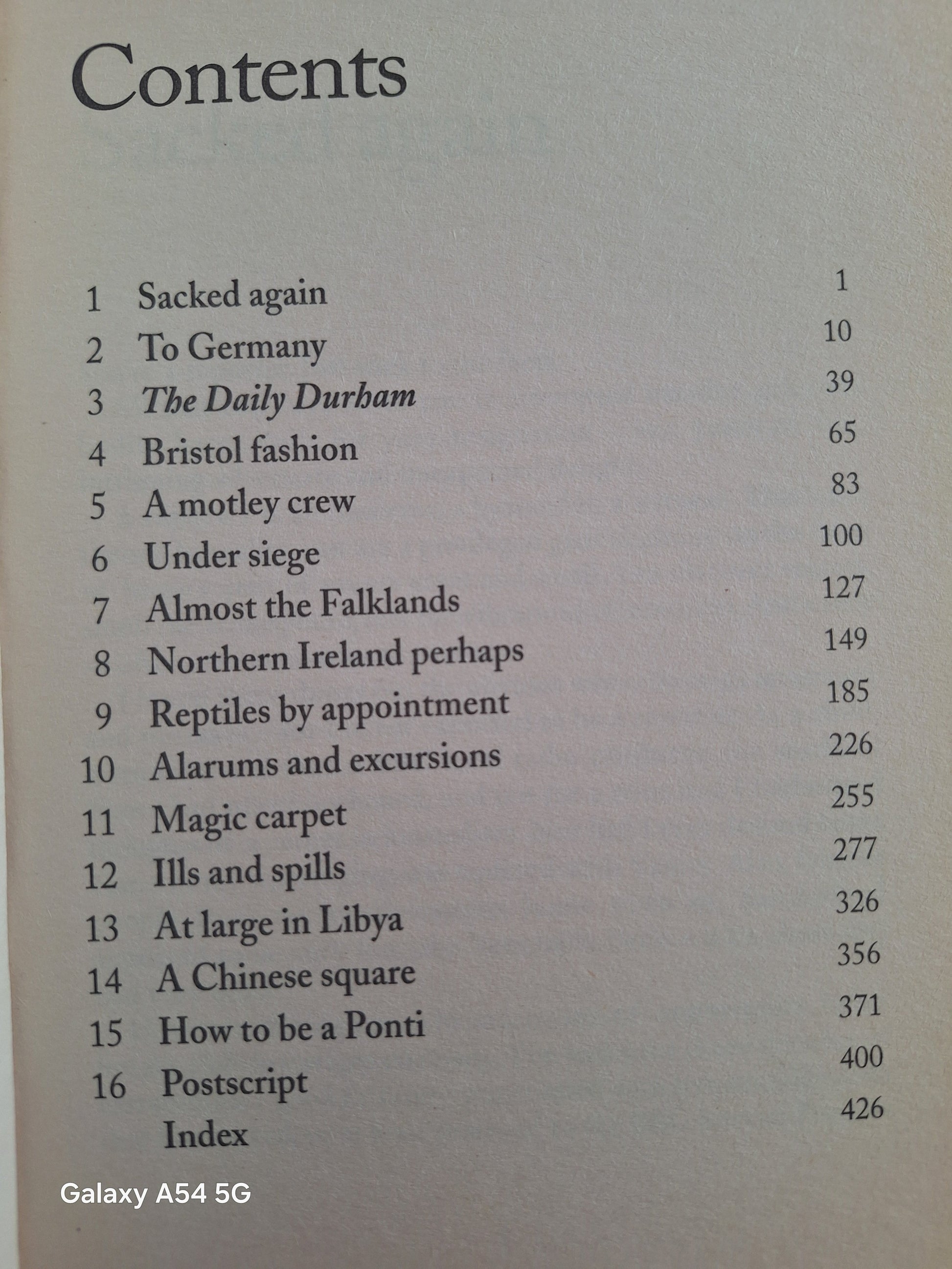 Contents page of Kate Adie autobiography featuring chapter titles and page numbers