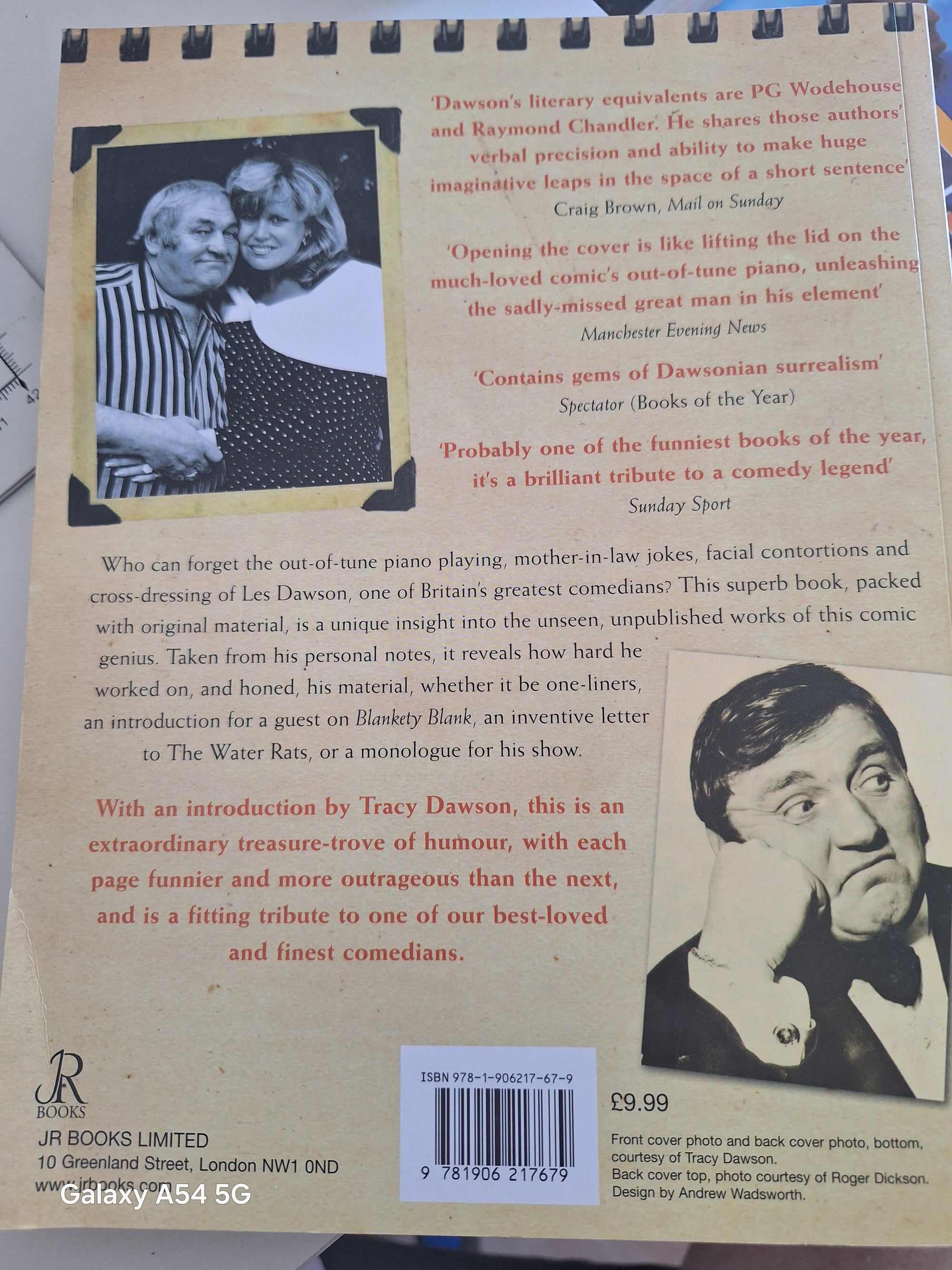 Les Dawson Secret Notebooks book back cover featuring reviews and an introduction by Tracy Dawson