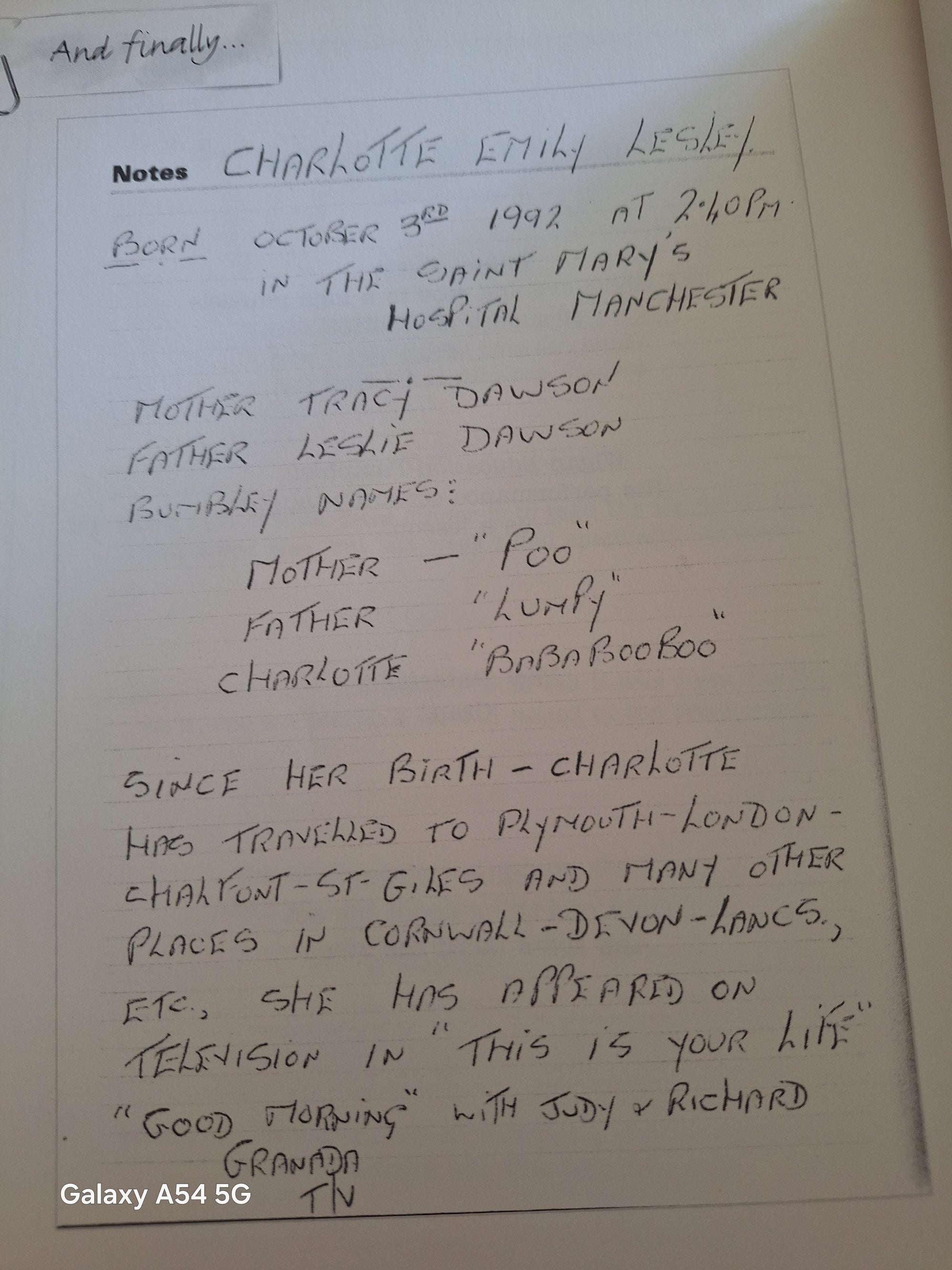 Les Dawson Secret Notebooks book page featuring handwritten notes about Charlotte Leslie's birth details