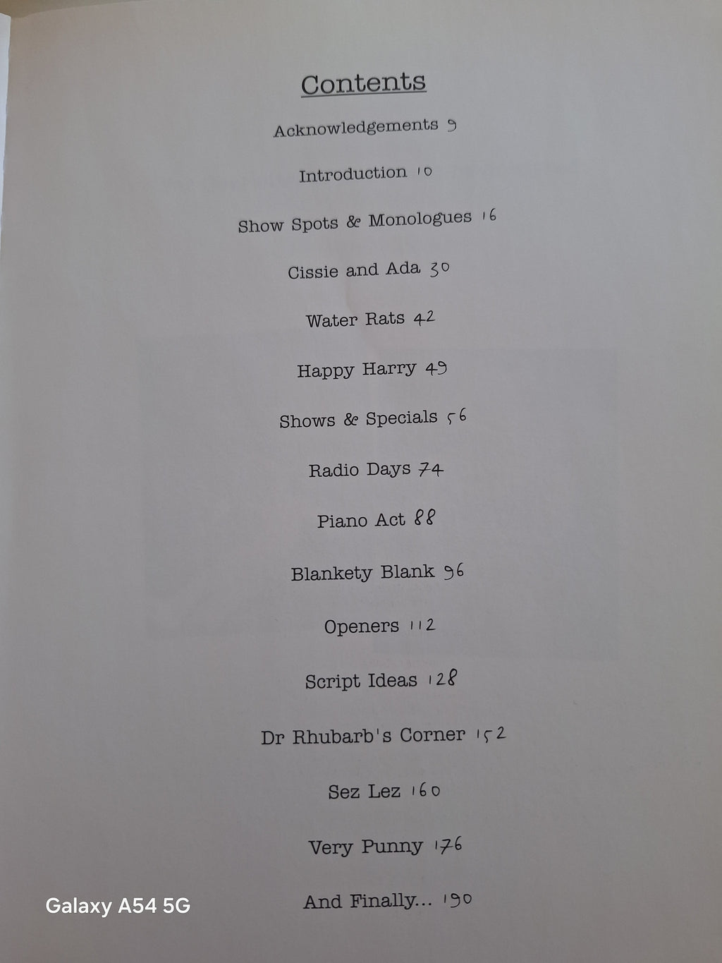 Table of contents for the Les Dawson Secret Notebooks book showcasing sections and page numbers