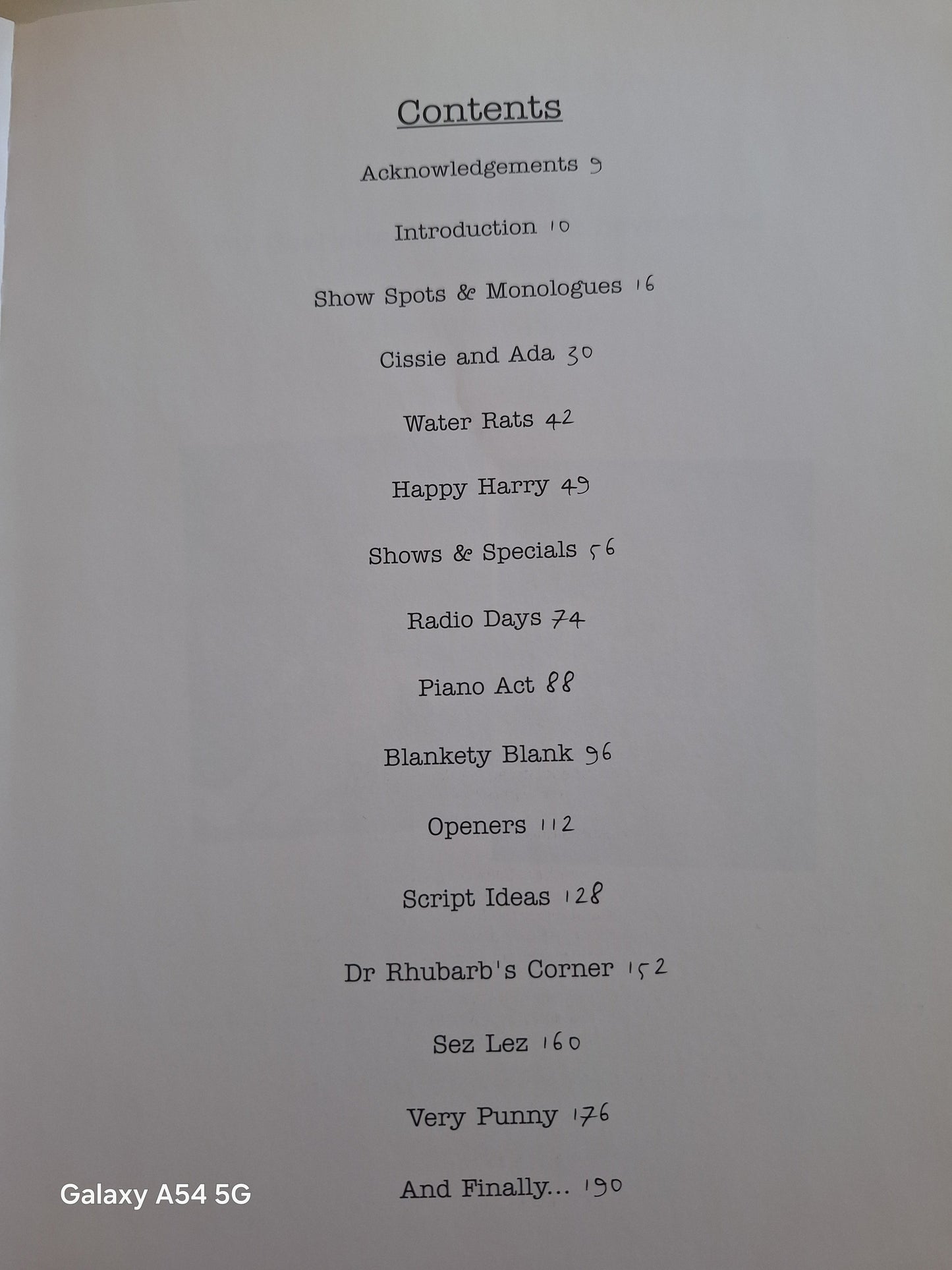 Table of contents for the Les Dawson Secret Notebooks book showcasing sections and page numbers