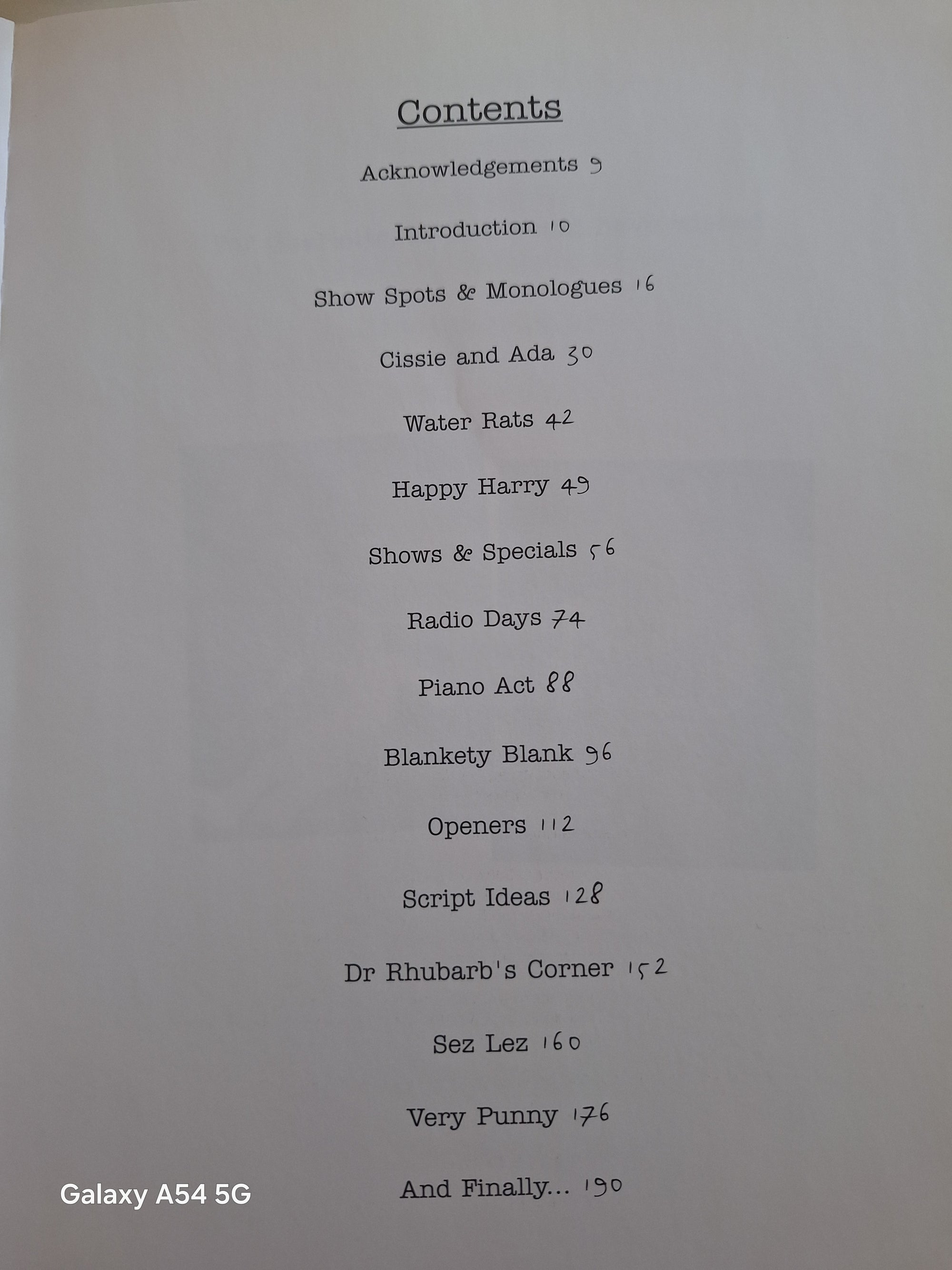 Table of contents for the Les Dawson Secret Notebooks book showcasing sections and page numbers