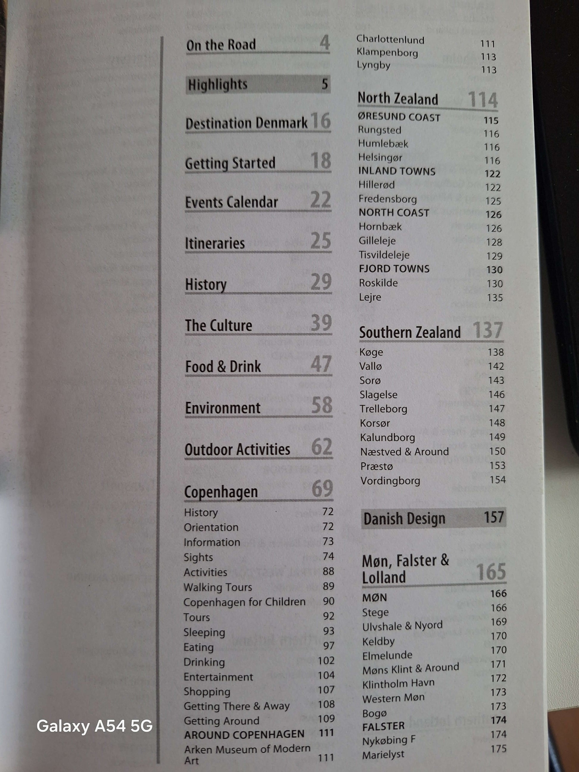 Contents page of the Lonely Planet Denmark guidebook outlining key sections and highlights