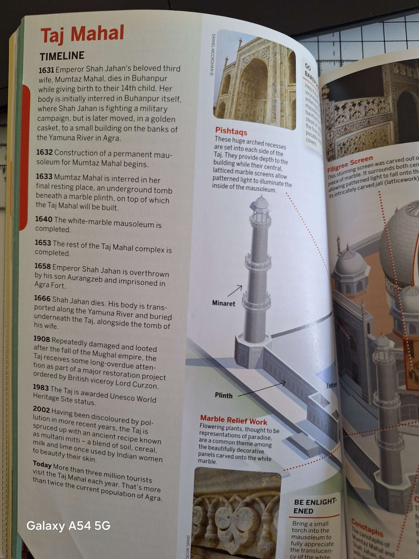 Taj Mahal timeline and architectural details from the Lonely Planet Discover India Guidebook - Quality Bargain Book.