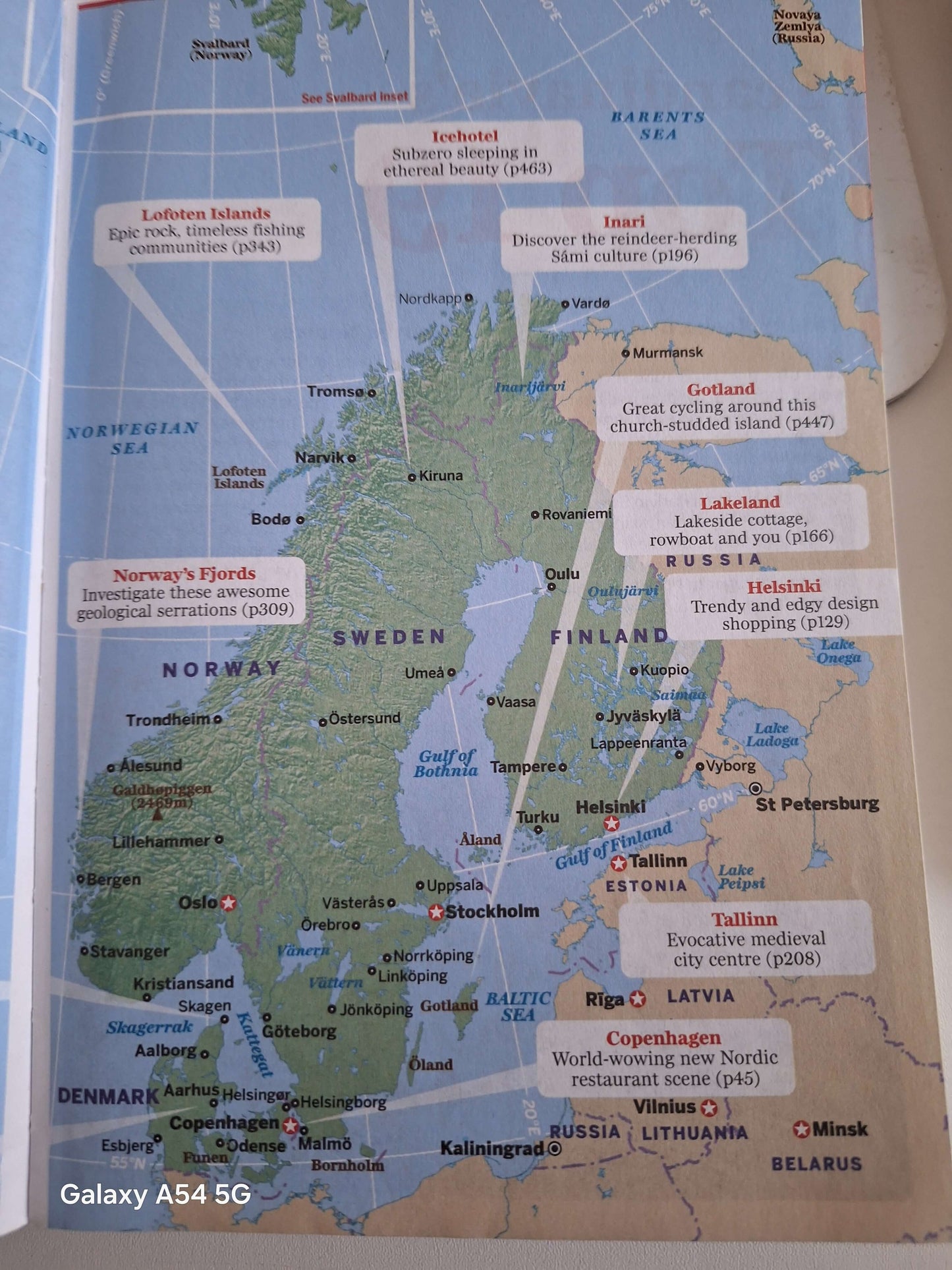 Map of Scandinavia from the Lonely Planet guidebook highlighting key locations and travel tips.