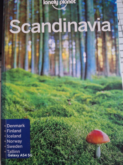 Lonely Planet Scandinavia guidebook featuring travel tips for Denmark, Finland, and Norway in a forest setting