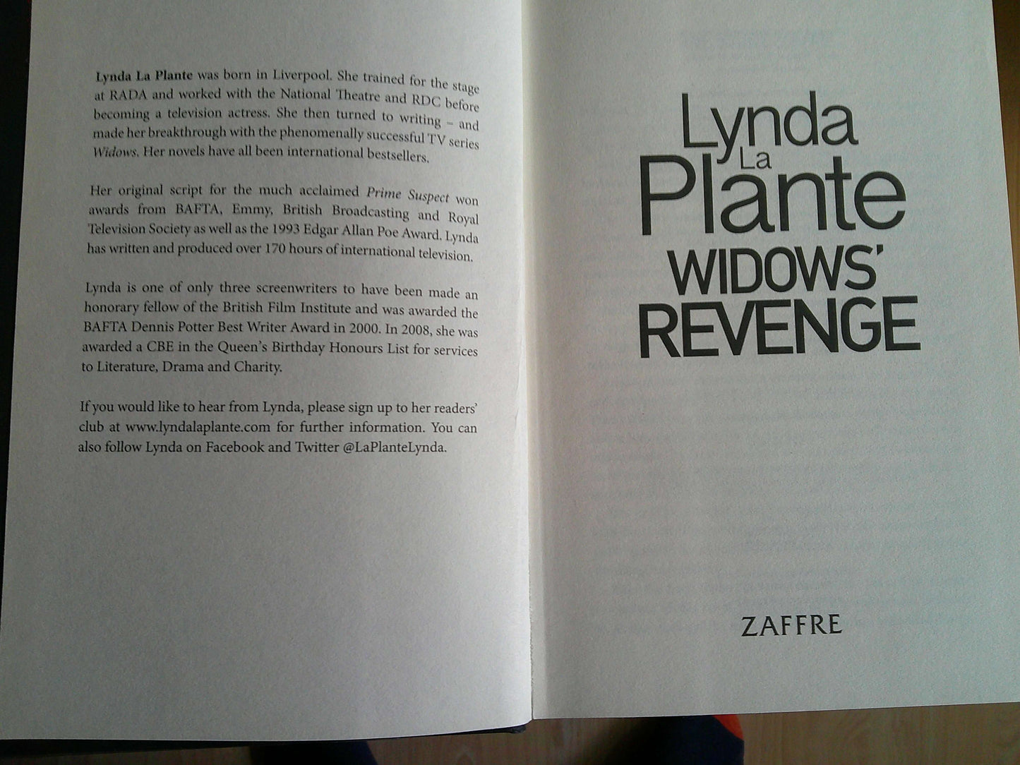 Inside page of Widows Revenge Lynda La Plante book with author details and background information