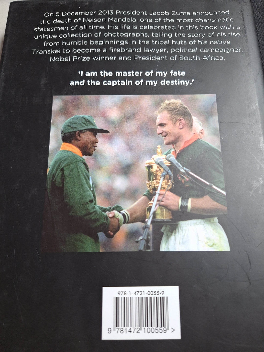 Book back cover featuring Nelson Mandela with quote and photograph celebrating Mandela's life and legacy