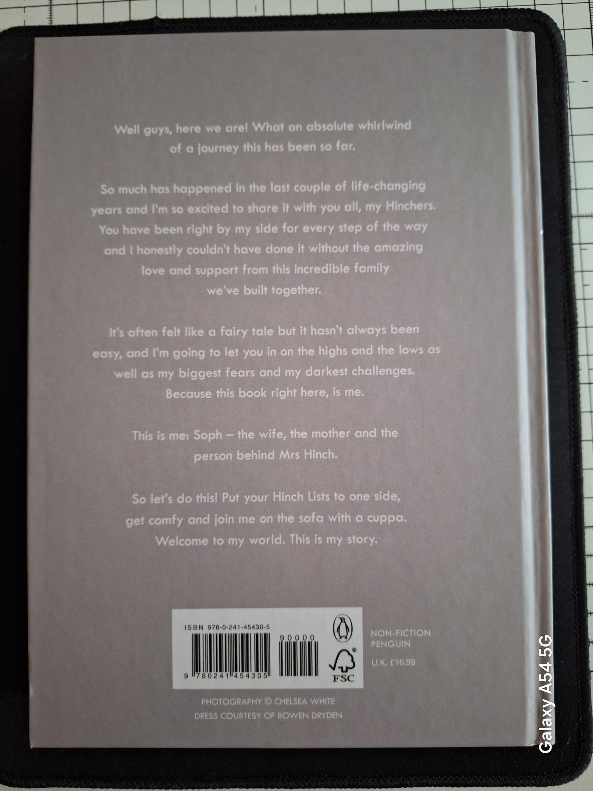 Back cover of Mrs Hinch memoir book with a personal message and barcode from Slightly Read Books