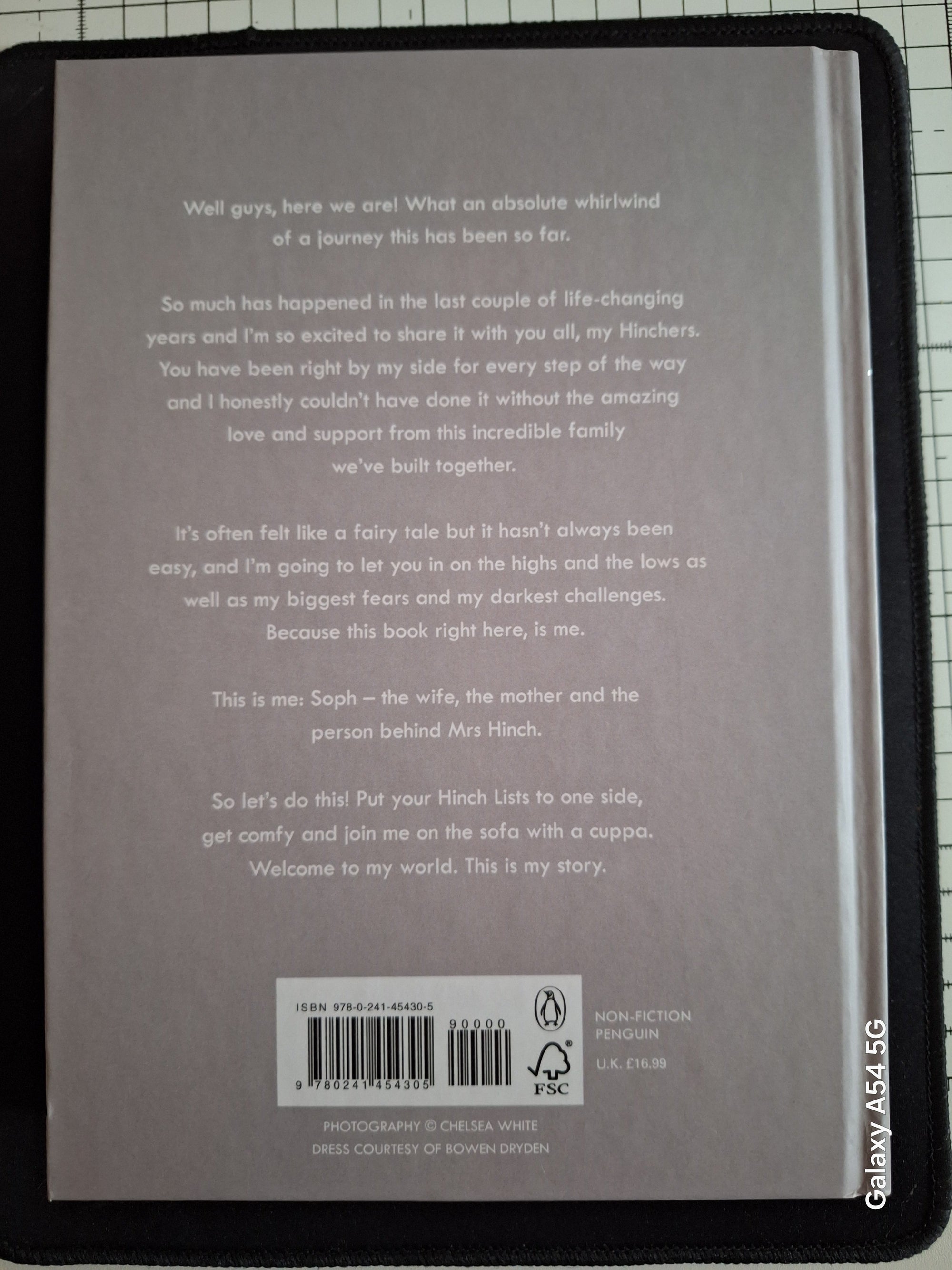 Back cover of Mrs Hinch memoir book with a personal message and barcode from Slightly Read Books