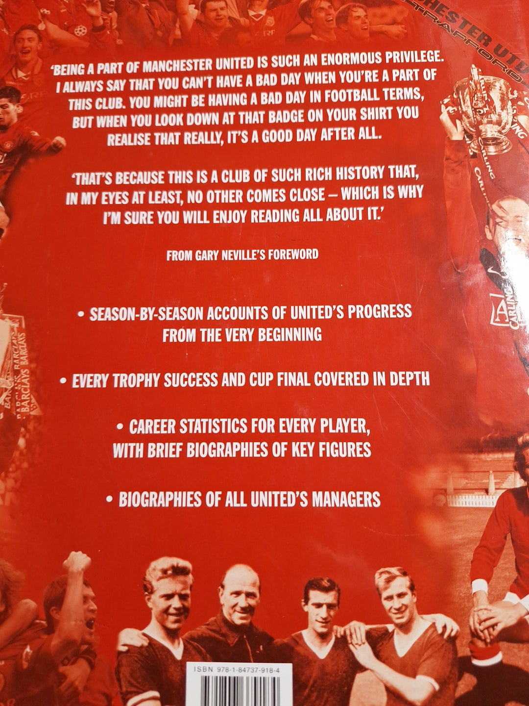 Back cover of a book about Manchester United featuring quotes and key content highlights