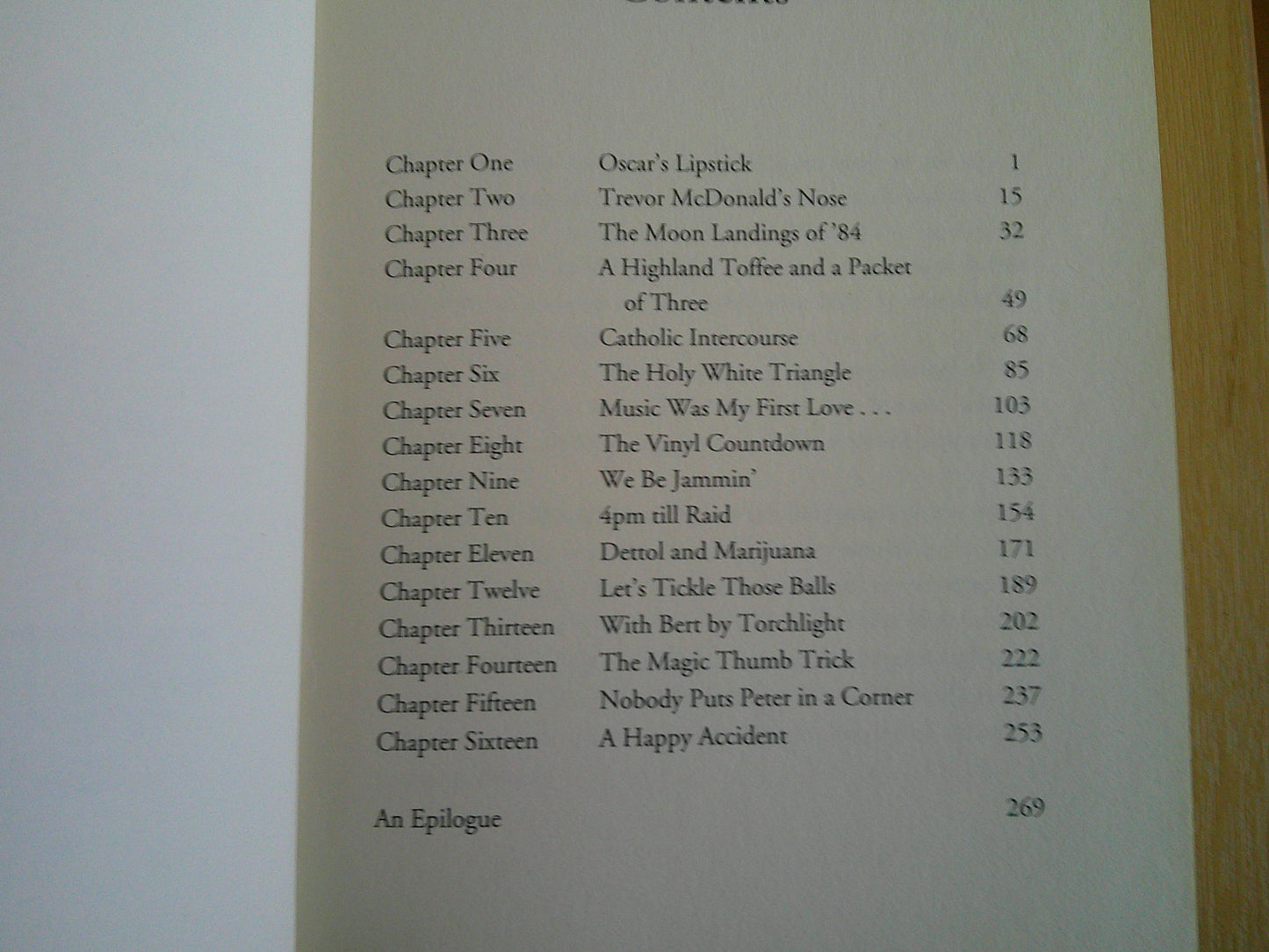 Contents page of The Sound of Laughter by Peter Kay with chapter titles and page numbers