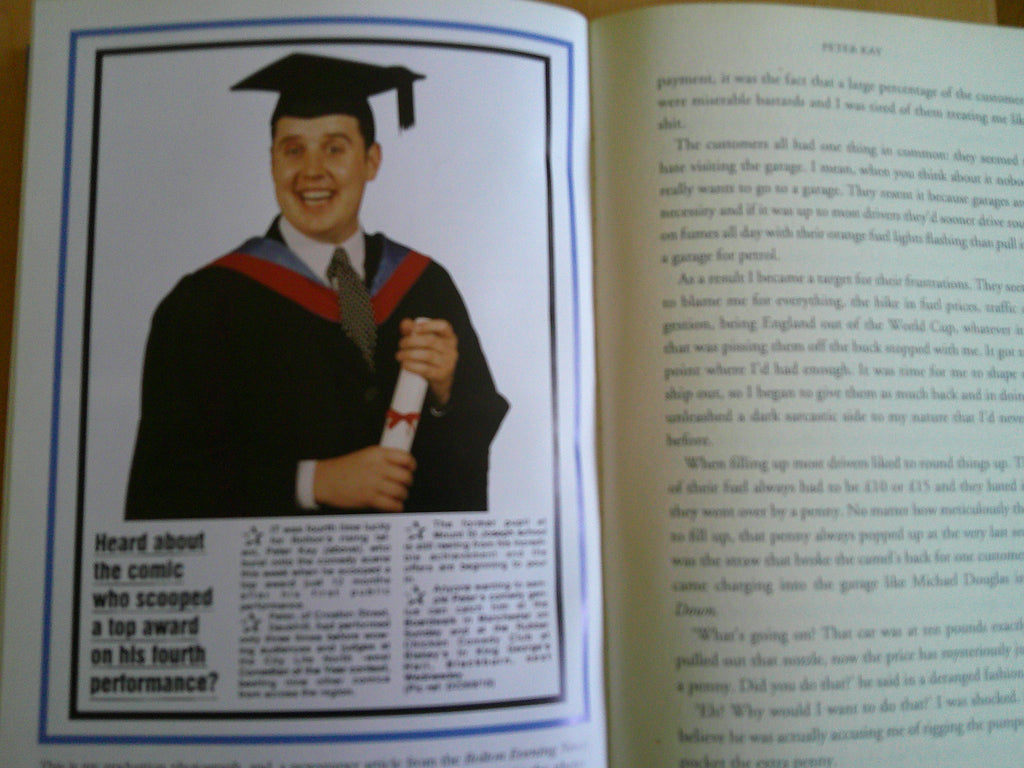 The Sound of Laughter by Peter Kay featuring a smiling graduate holding a diploma in a book excerpt