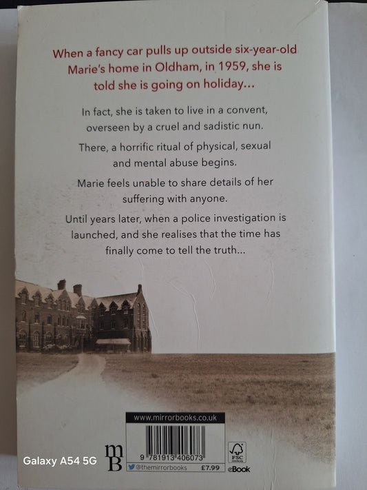 The Convent true story book back cover featuring a summary of Marie's troubling childhood experience
