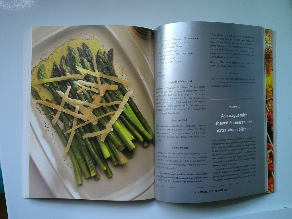 Page from The Nosh Brothers cookbook featuring asparagus with shaved Parmesan and olive oil