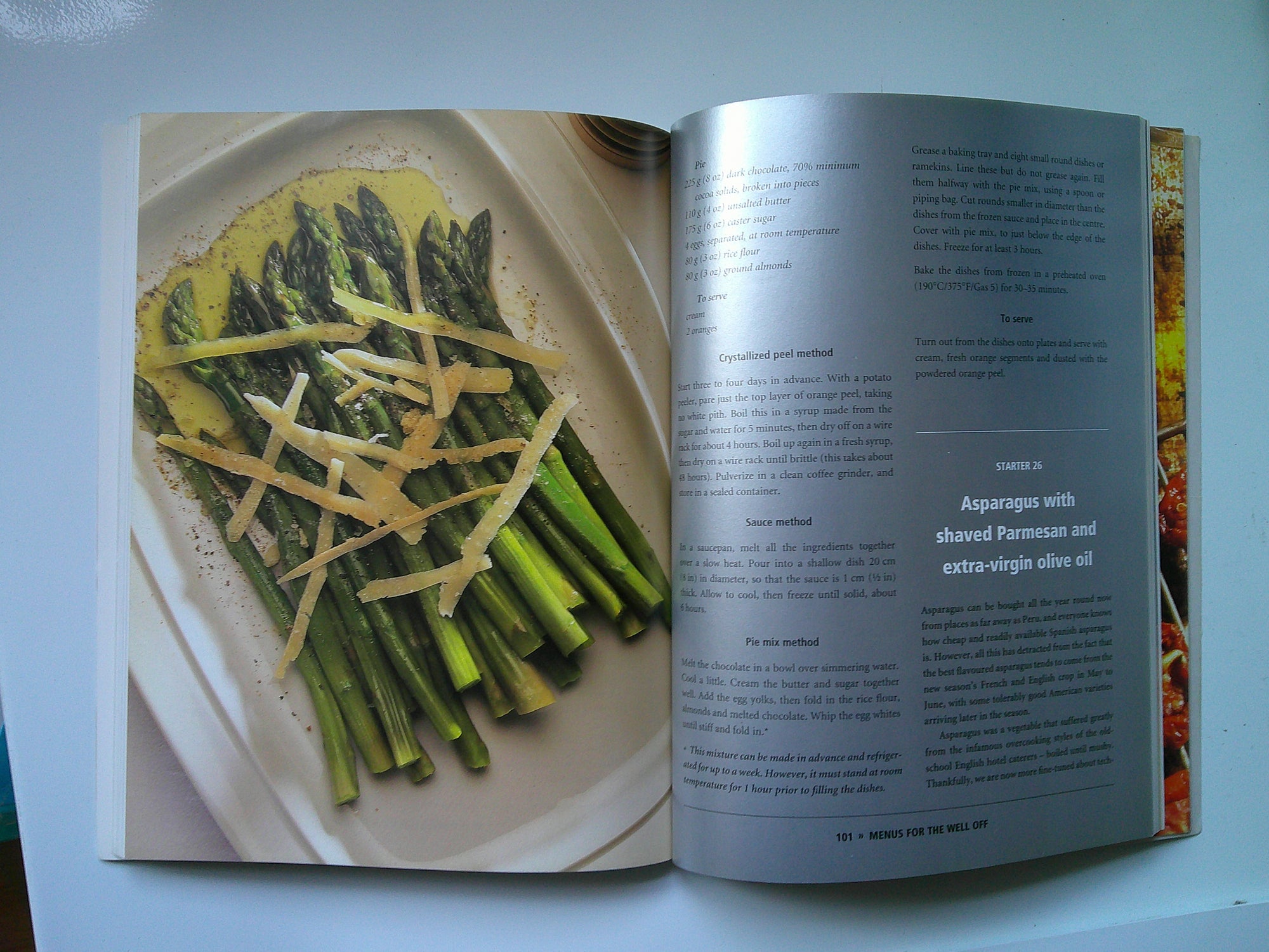 Page from The Nosh Brothers cookbook featuring asparagus with shaved Parmesan and olive oil