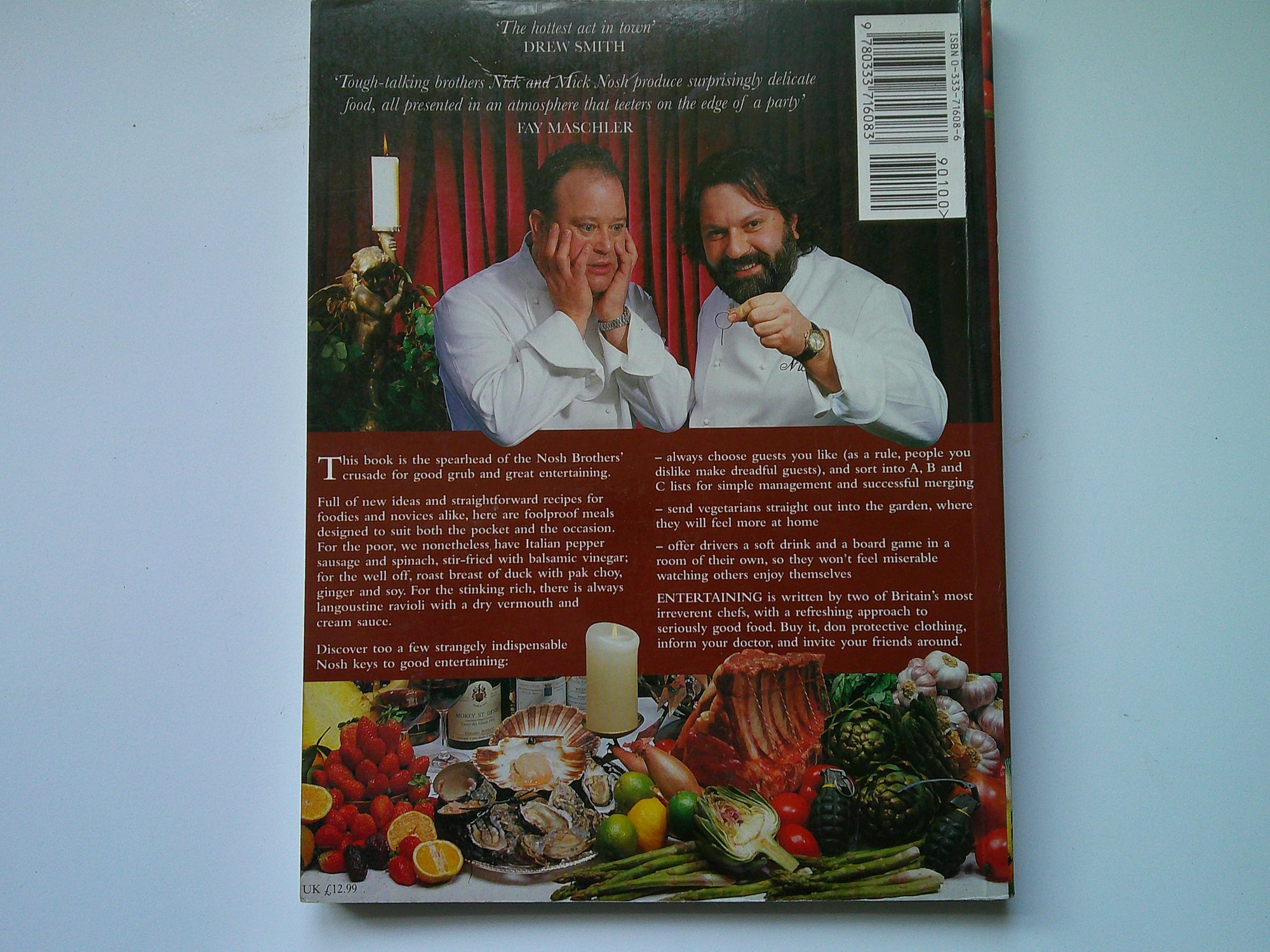 The back cover of The Nosh Brothers cookbook featuring the authors and a variety of dishes