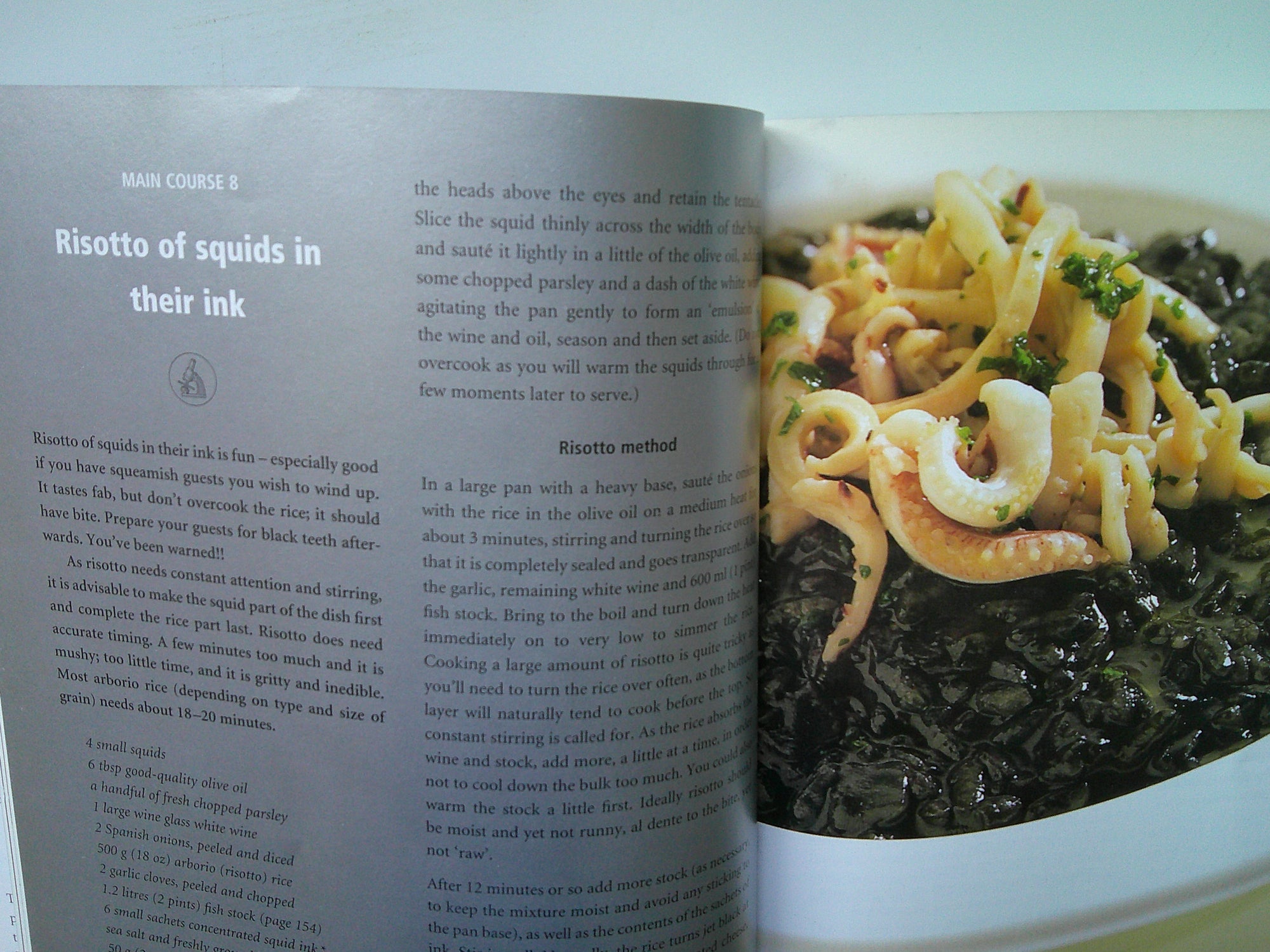 Page from The Nosh Brothers cookbook featuring Risotto of squids in their ink recipe