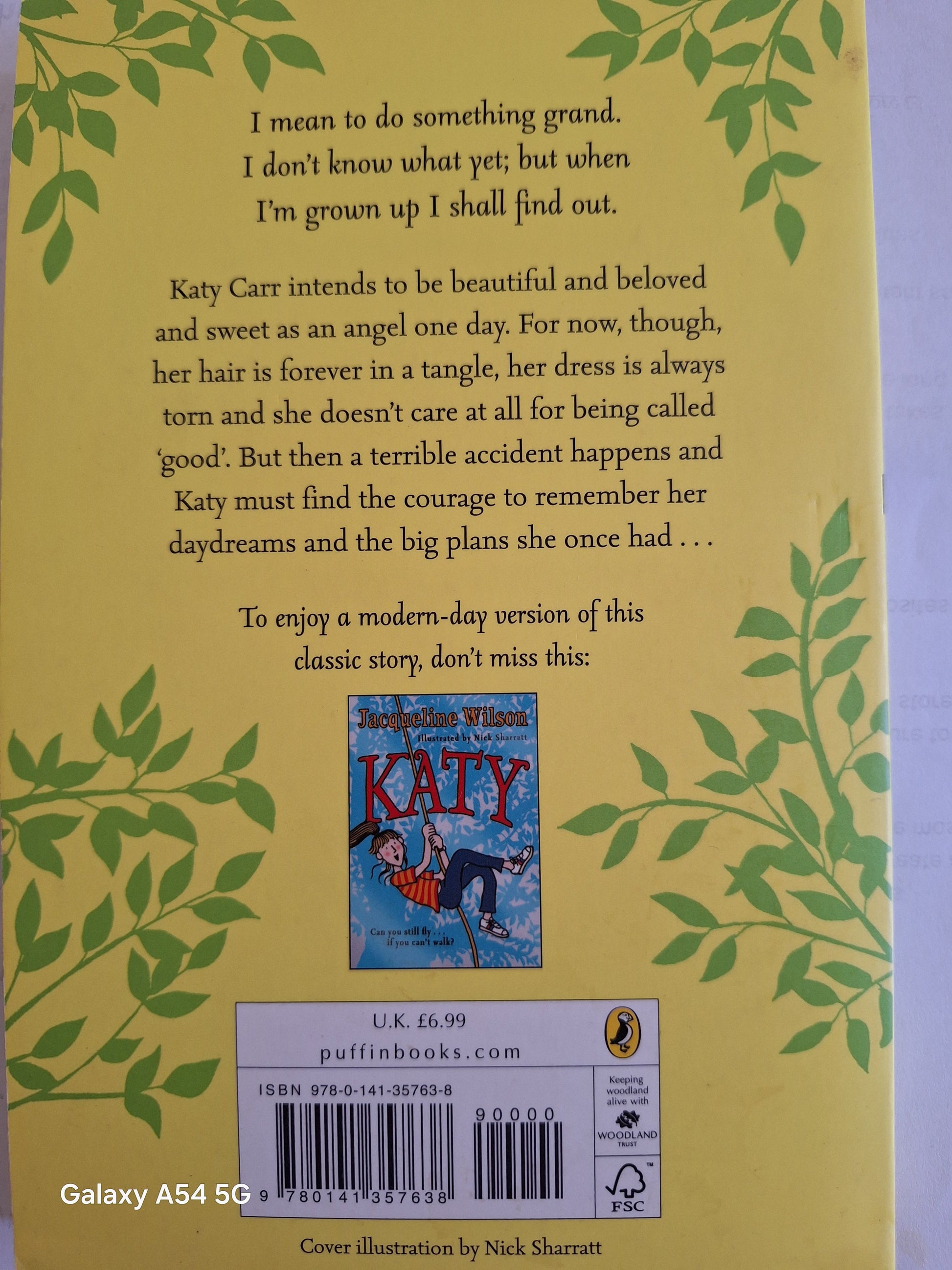 What Katy Did second hand book with a vibrant green cover and illustrations on the back